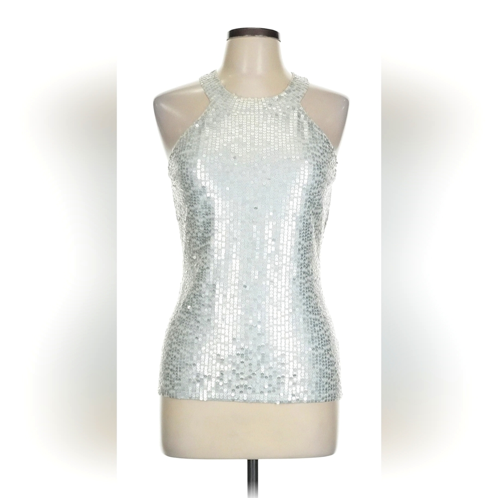 INC International Concepts Lg Sequin Silver Sleeveless silk top NEW